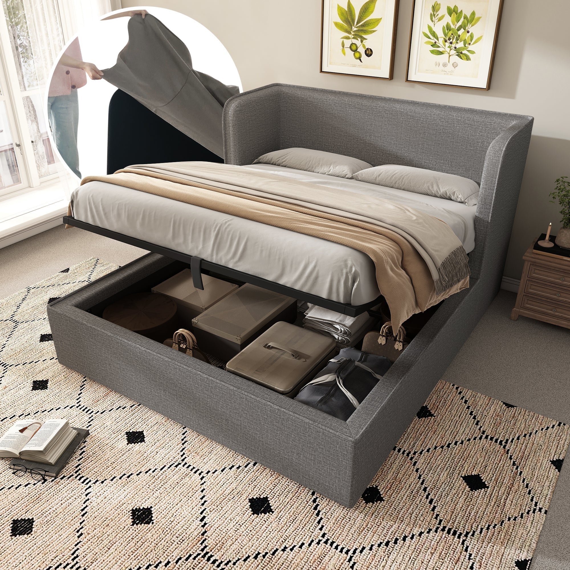 Upholstered Double Bed with Hydraulic Storage and Slatted Base, 180x200cm, Grey Linen
