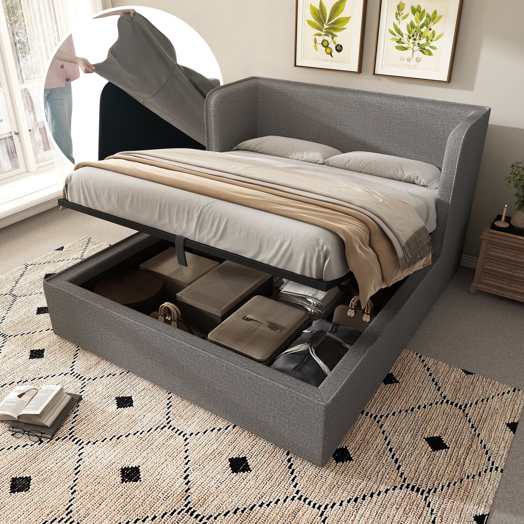 Upholstered Double Bed with Hydraulic Storage and Slatted Base, 180x200cm, Grey Linen