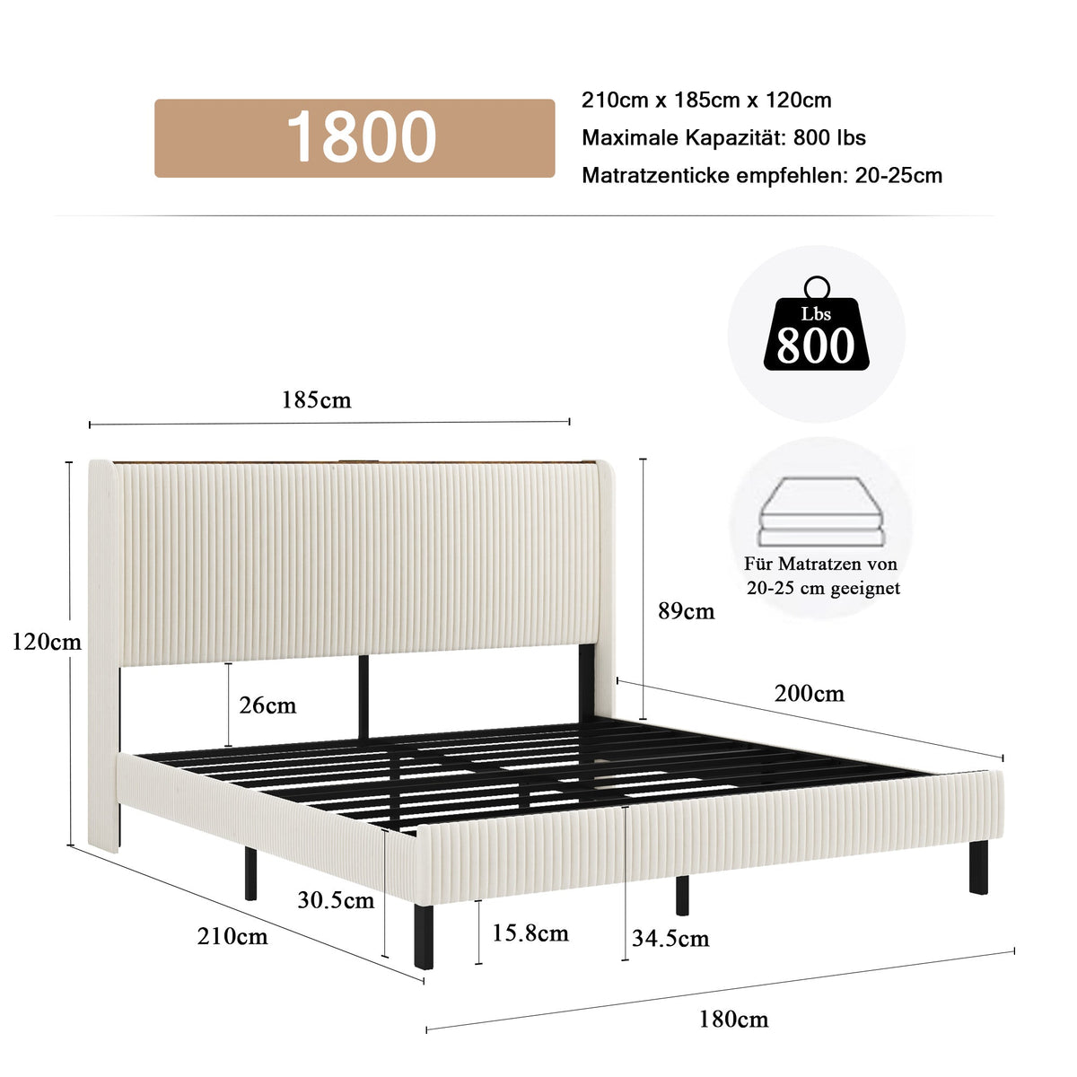 Bed Frame 180x200 Upholstered Platform Wing Headboard Metal Slats Fabric