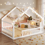 Children's Flatbed with House Rail and LED Beads, 140 x 190 cm, Pine Wood, White