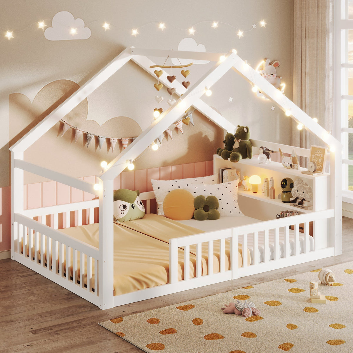 Children's Flatbed with House Rail and LED Beads, 140 x 190 cm, Pine Wood, White