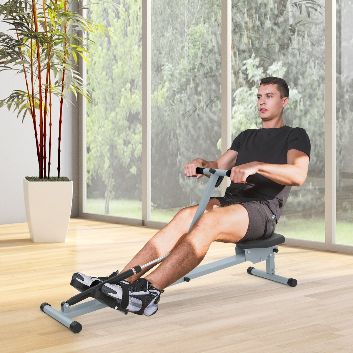 Rowing Machine, LCD Display, Steel+PVC, Gray