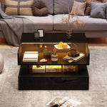 Coffee Table Height-Adjustable Hidden Storage LED Lights Tempered Glass, Black
