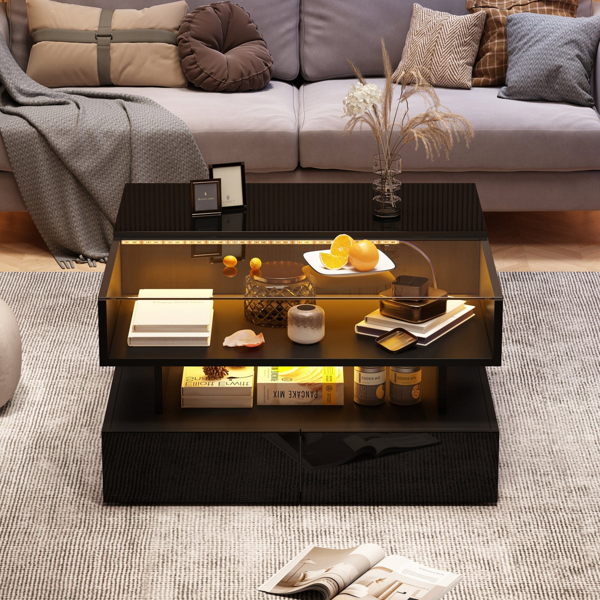 Coffee Table Height-Adjustable Hidden Storage LED Lights Tempered Glass, Black