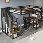 Loft Bed with Desk, Storage Stairs, Handrails, 120x200cm, Iron + Chipboard Black