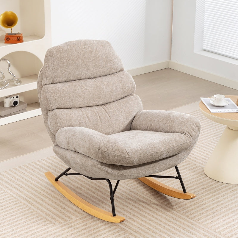 Rocking Chair, Upholstered with Steel Legs and Wooden Runners, Cream White