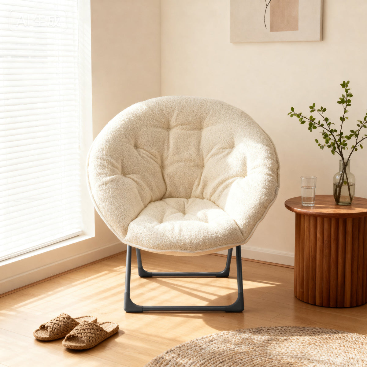 Folding Saucer Moon Chair Portable Soft Sheep's Wool Beige
