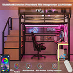 Metal Loft Bed with Desk, Shelf, Storage Net, LED and Socket, 140x200cm, Black Metal