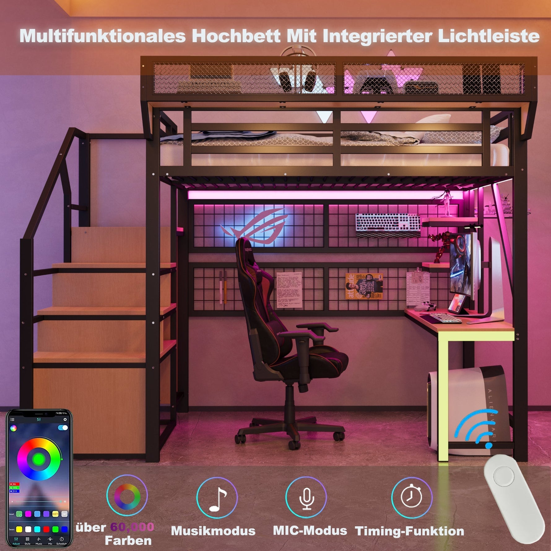 Metal Loft Bed with Desk, Shelf, Storage Net, LED and Socket, 140x200cm, Black Metal