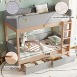 Bunk Bed with Anti-Collision Edge, Straight Staircase and Two Drawers, 90x200cm, Grey and Natural Rubberwood + MDF