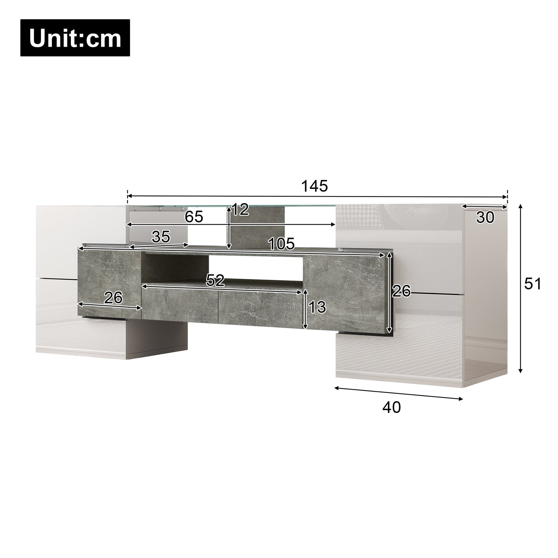 TV Cabinet Lowboard 145cm LED Lighting Modern High-Gloss White