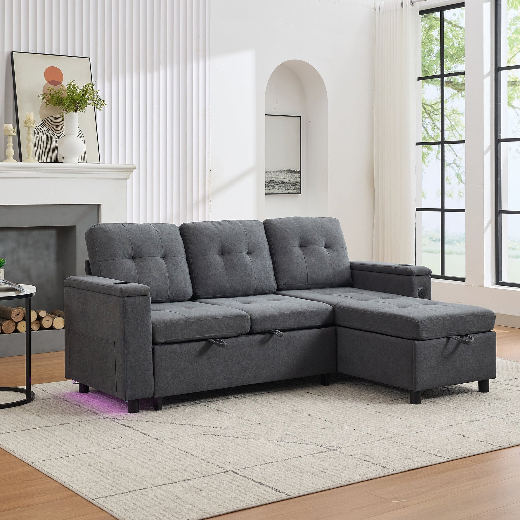 Treviso L-Shaped Sofa Bed with LED Lighting and Storage, Grey