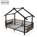 Children's House Bed 90x200cm with Safety Rail & Roof, Black Metal