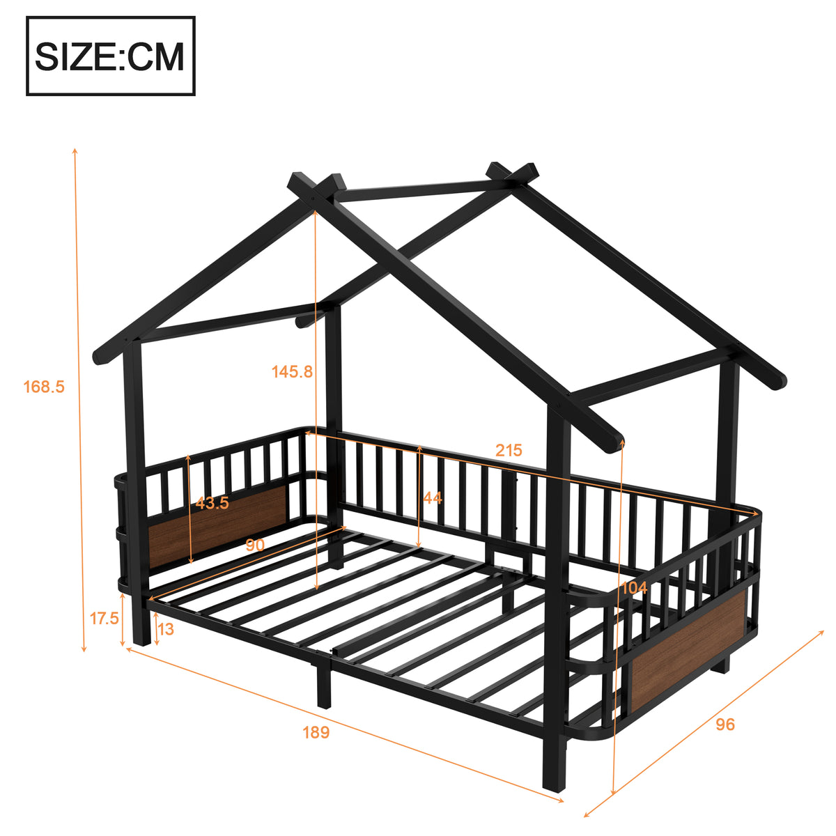 Children's House Bed 90x200cm with Safety Rail & Roof, Black Metal