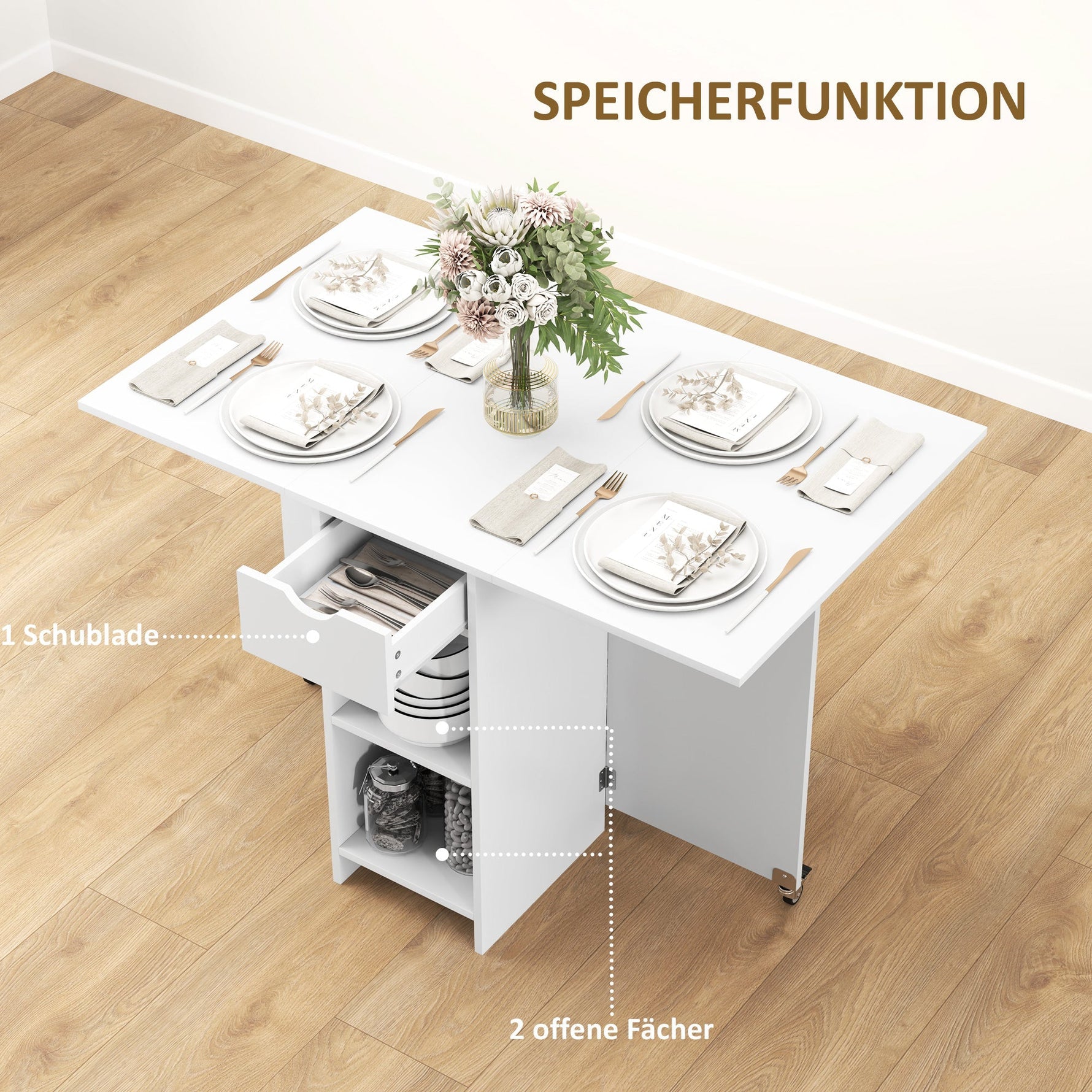 Folding Dining Table, Mobile 2-4 Person Storage Table, White