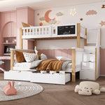 Children's Bunk Bed with Chalkboard, Drawers and Double Bed, 90x200cm and 140x200cm, White and Light Oak