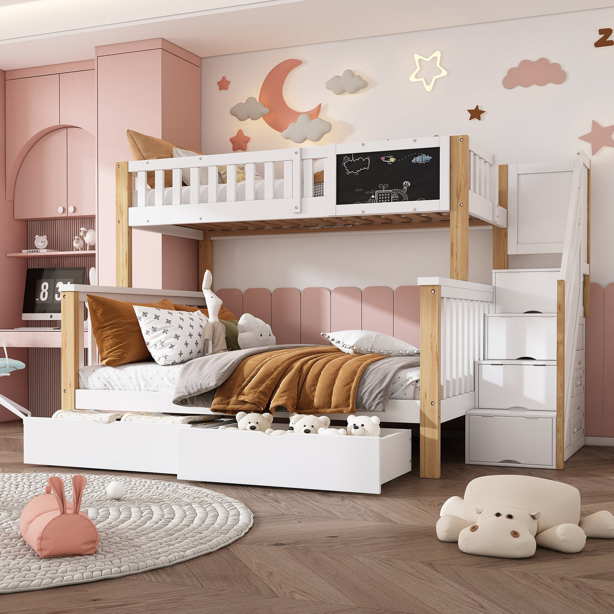 Children's Bunk Bed Multifunctional Chalkboard Drawers 90x200/140x200 - White/Light Oak