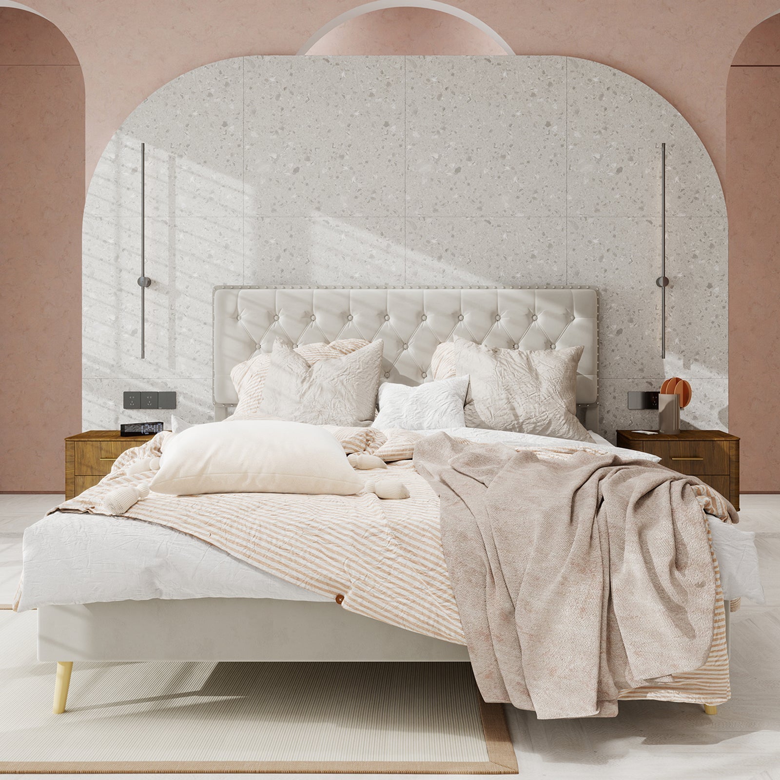 Modern Minimalist Soft Bed, Comfortable Headboard, Low Box Frame, 140x200CM, Beige