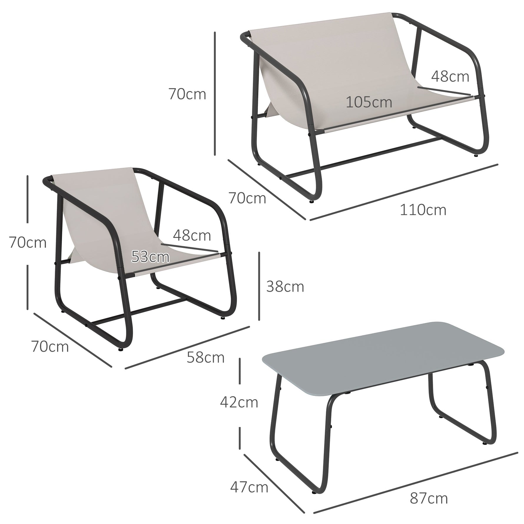 Garden Furniture Set 4-Piece, 2 Armchairs, 1 Two-Seater, Tempered Glass Coffee Table, Cream