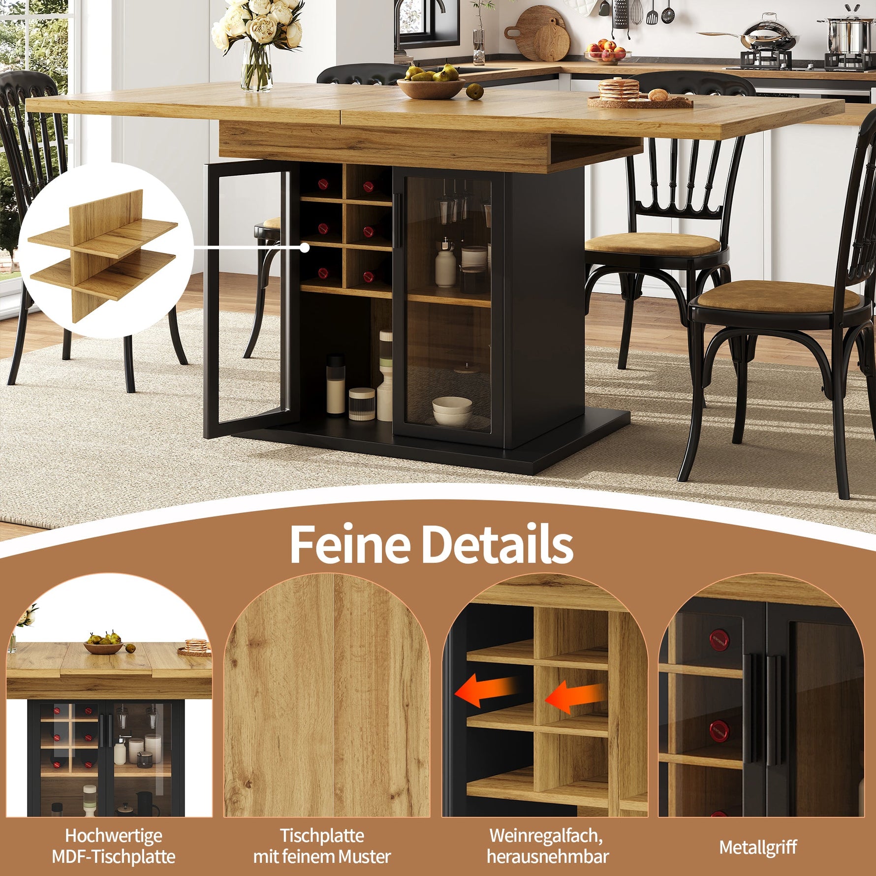Telescopic Dining Table, Extendable Kitchen Table for 4-6, Space-Saving, Brown Glass