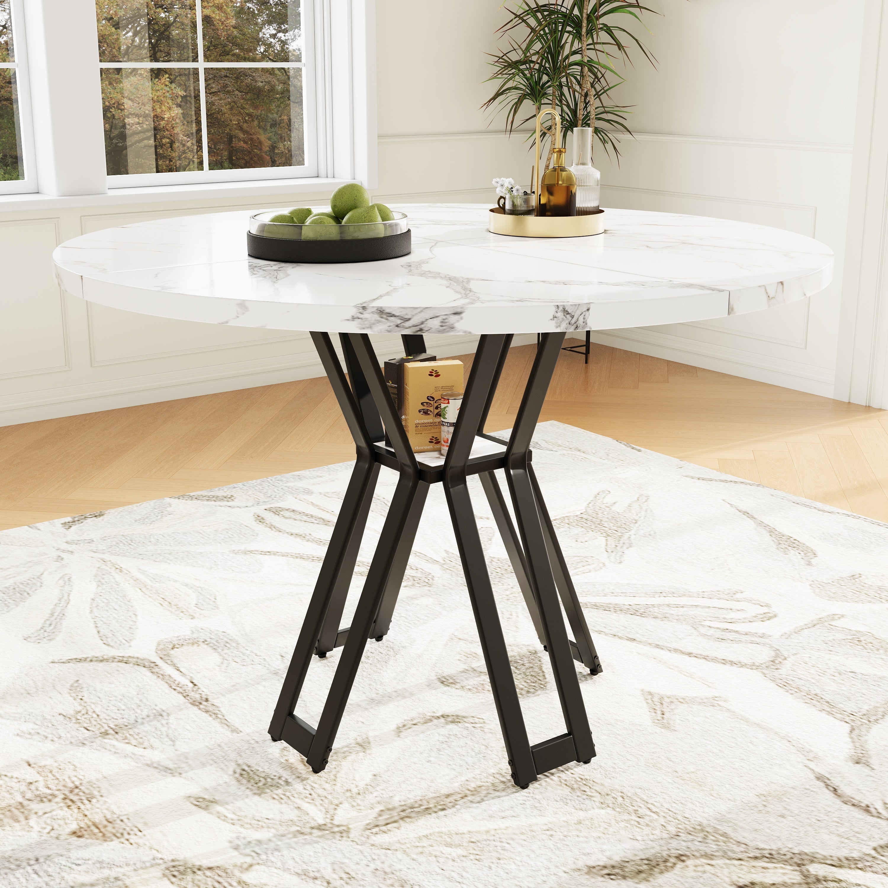 Round Dining Table 100cm 4-6 Seater - Black Legs Marbled MDF