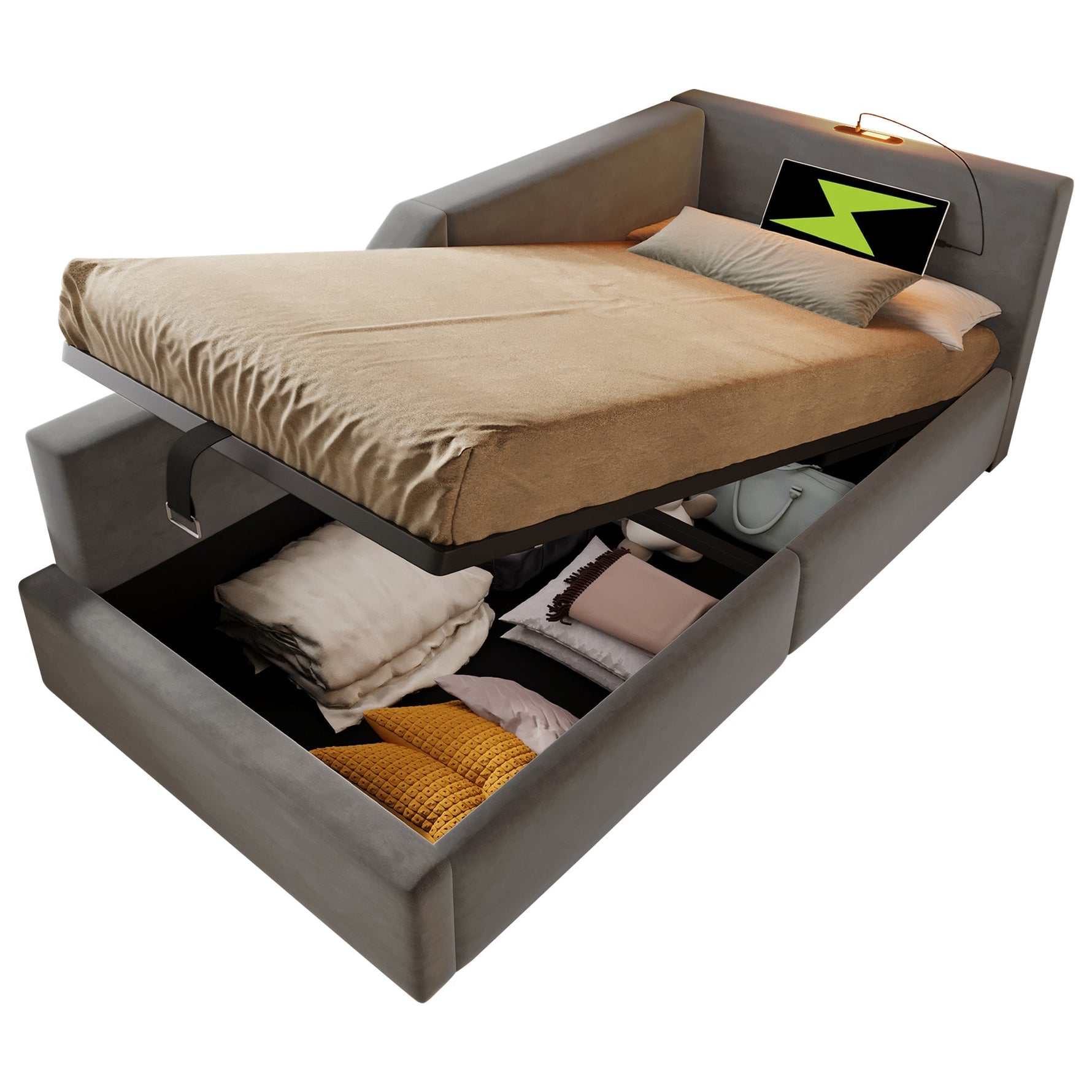 Upholstered Daybed 90x190cm, Sofa Bed with Hydraulic Storage & USB-C, Velvet Grey
