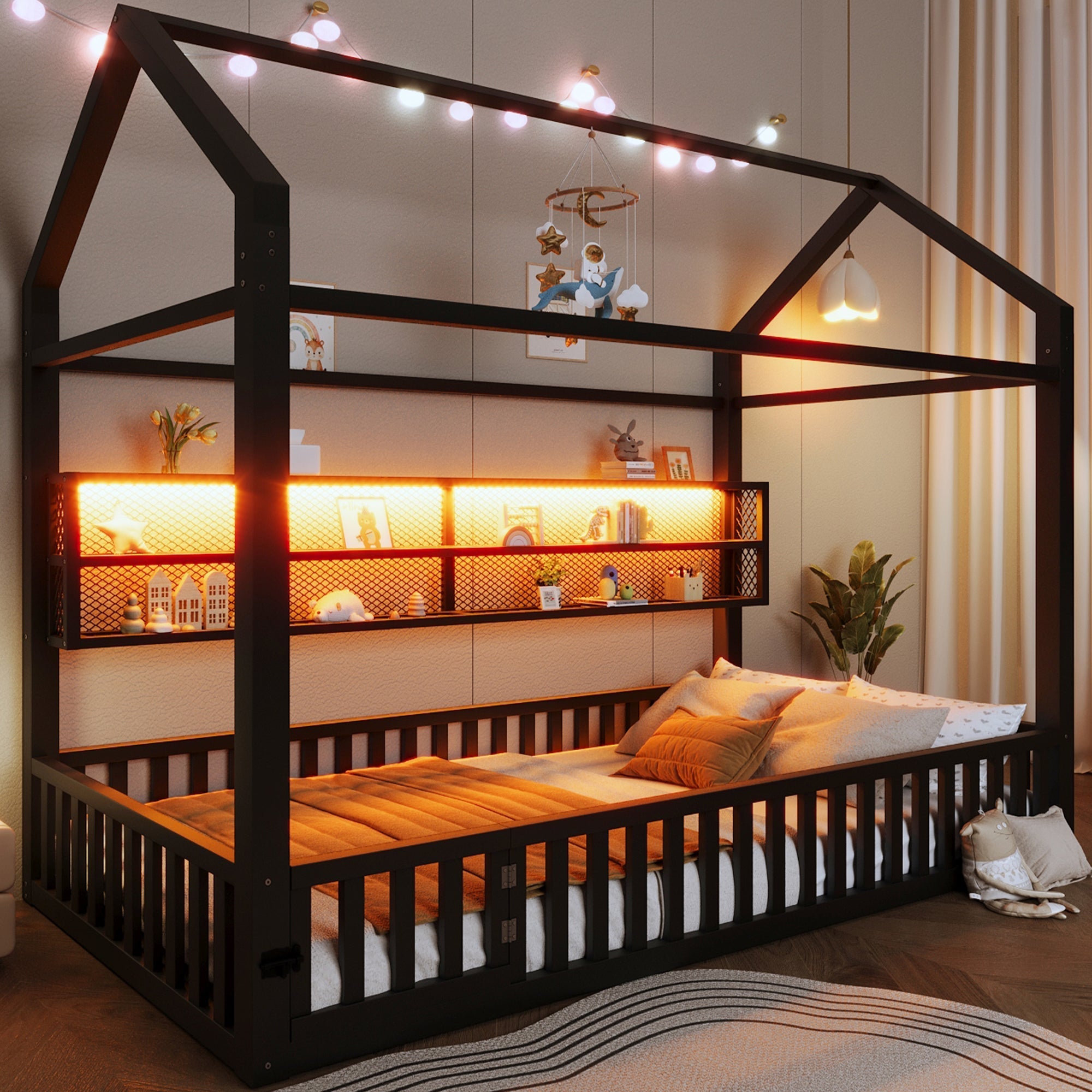 House-shaped Platform Bed 90x200 with Fence LED Lighting Black