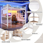 Loft Bed 140x200cm with Desk, Shelves & LED Lighting, White