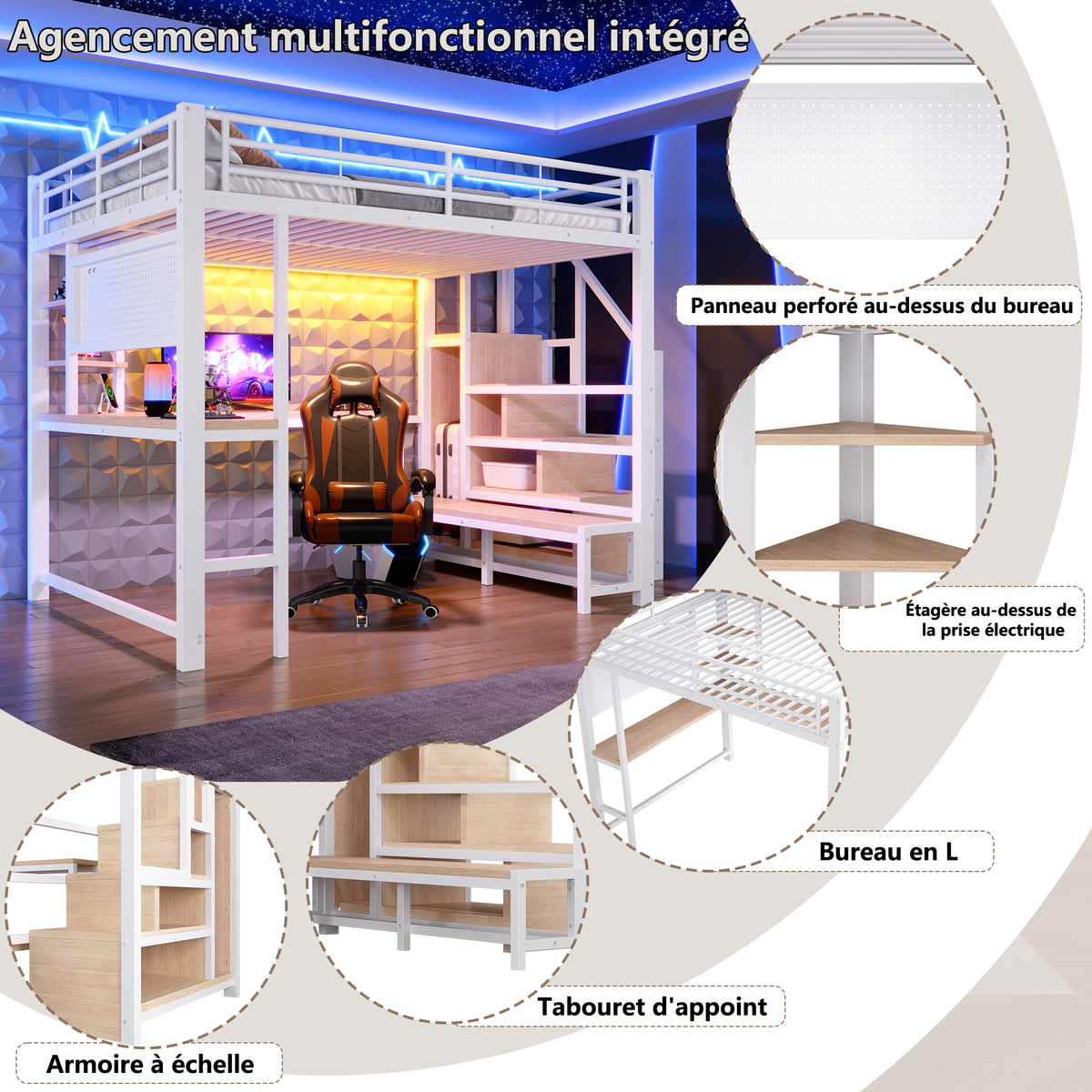 Loft Bed 140x200cm with Desk, Shelves & LED Lighting, White
