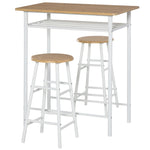 3-Piece Bar Table Set 2 Bar Stools Storage Shelf, MDF Steel, White + Oak