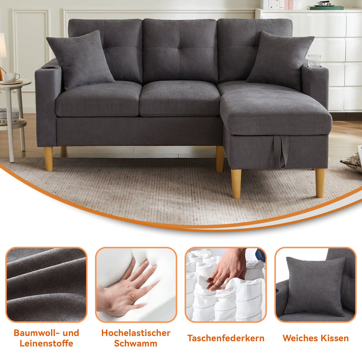 Sofa, L-Shaped Modern 3-Seater with Chaise, Storage, Cup Holder, Pillows