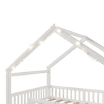 Children's Flatbed with House Rail and LED Beads, 140 x 190 cm, Pine Wood, White