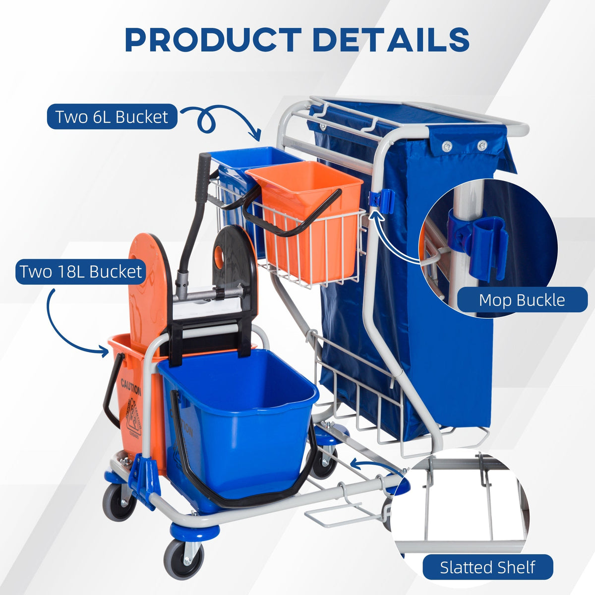 Cleaning Trolley 4 Buckets Mop System Wheels, Blue/Orange