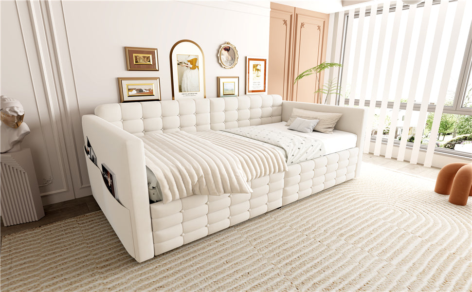 Upholstered Sofa Bed 90x190 with Storage & Drawers in Beige Velvet