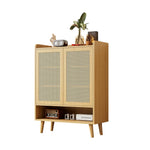Natural rattan shoe cabinet, 2 doors and 5 shelves, with wooden handles and solid wood legs, 80x105x35 cm
