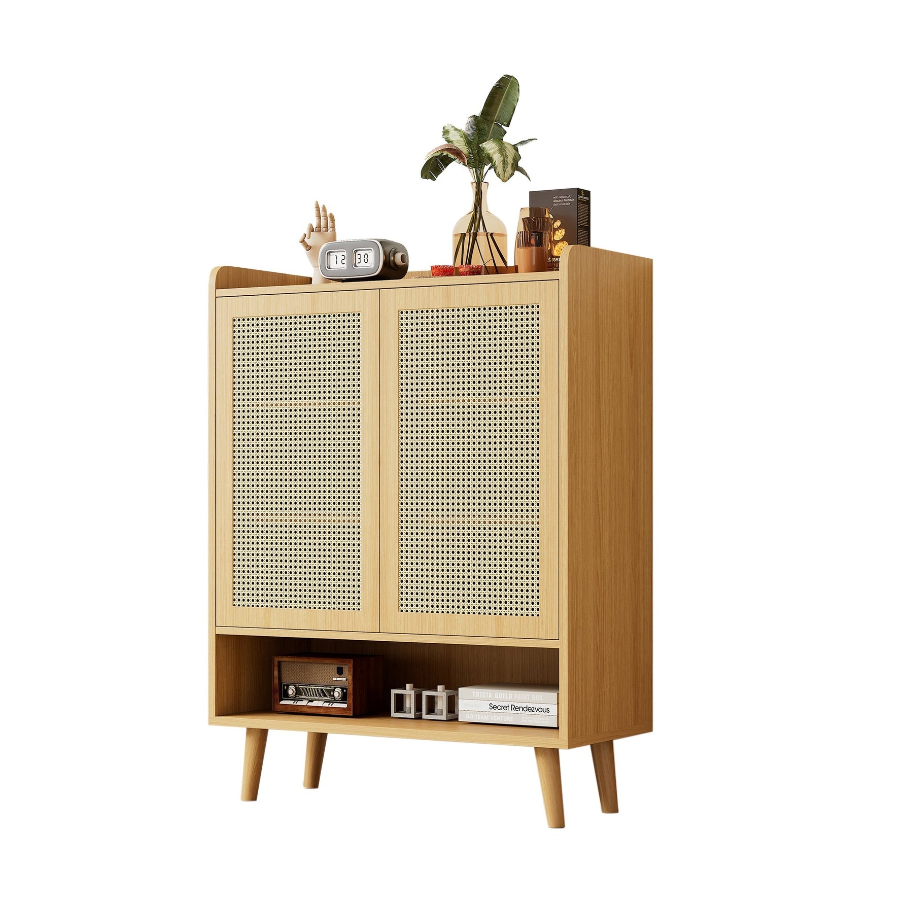 Natural rattan shoe cabinet, 2 doors and 5 shelves, with wooden handles and solid wood legs, 80x105x35 cm