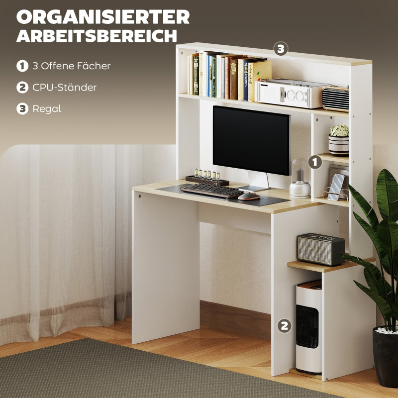 Desk, Computer Office Table with Open Shelves, CPU Stand, Steel Frame, Oak