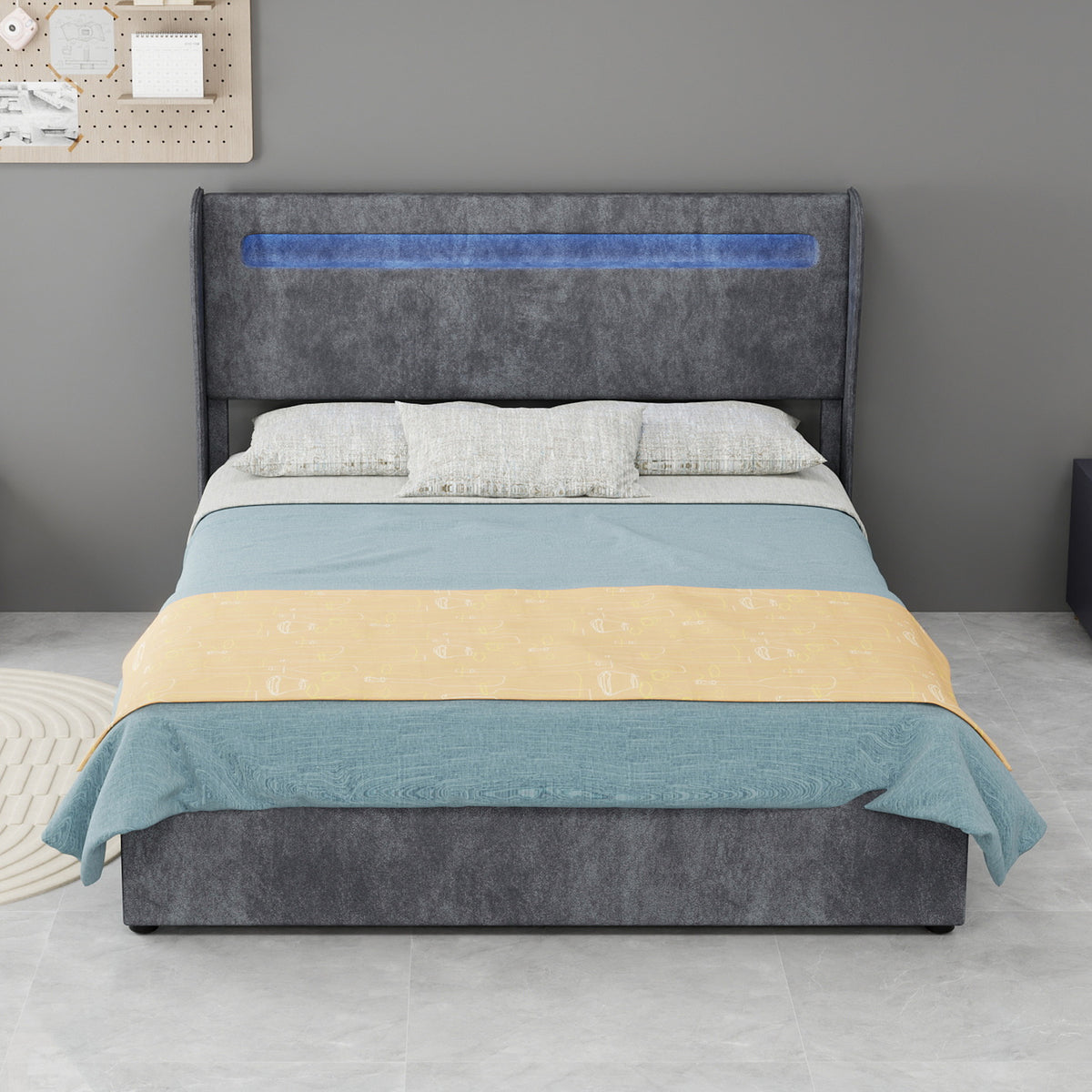 Modern Upholstered Bed with LED & Storage, 140x200 cm, Grey