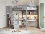 Solid Wood Loft Bed 140x200 with Desk, Storage & LED, Grey