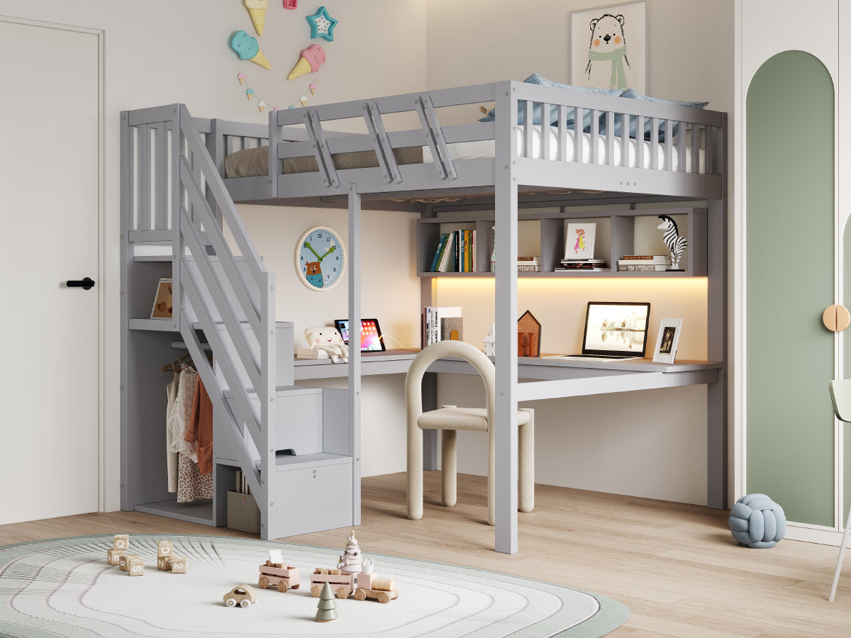 Solid Wood Loft Bed 140x200 with Desk, Storage & LED, Grey