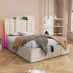 Upholstered Bed, USB-C LED Single with Storage, Beige Linen