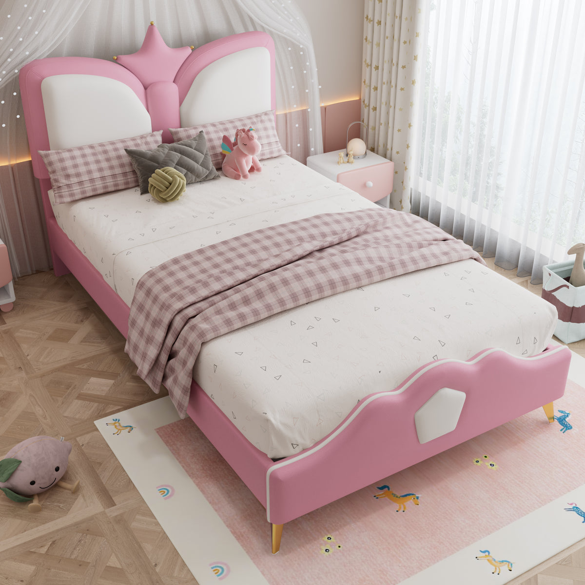 Kids Upholstered Bed 90x200cm Crown Headboard, Pink & White