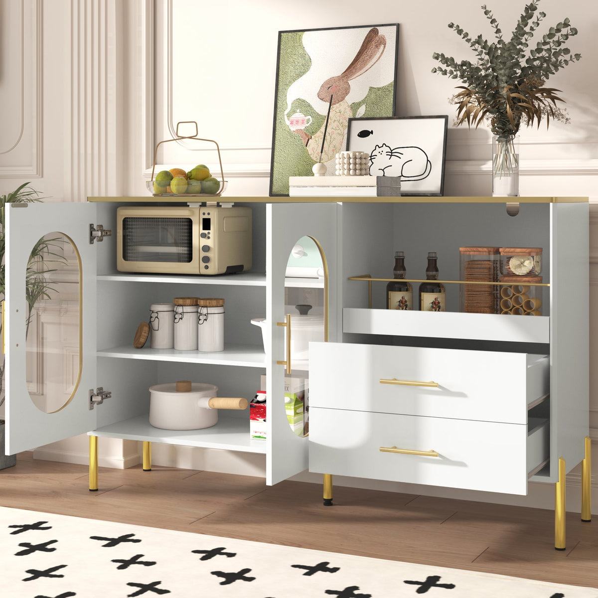 Sideboard Cabinet, 2 Drawers 2 Glass Doors Modern, White Gold Accents