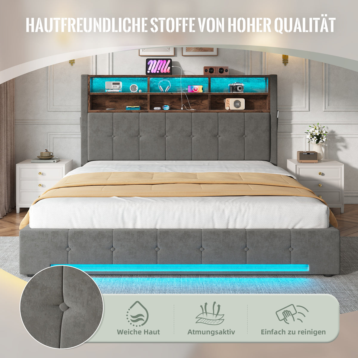 Storage Bed 180x200 cm with LED & Headboard in Velvet