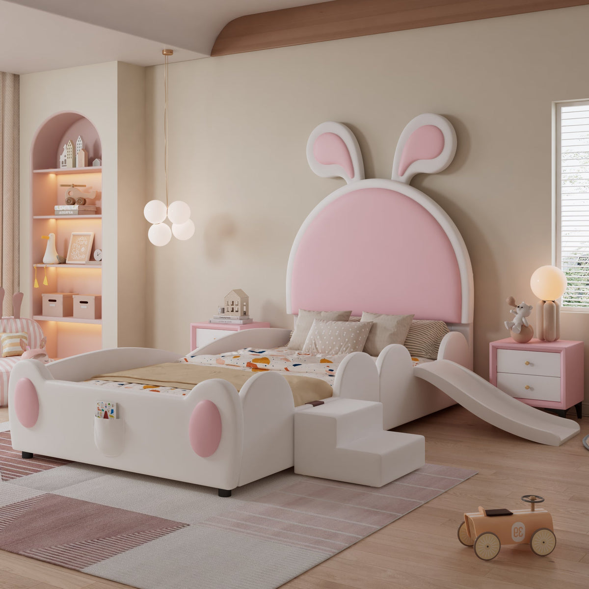 Upholstered Single Bed with Slide, Bunny Ears Headboard, 90x200cm, PU White/Pink