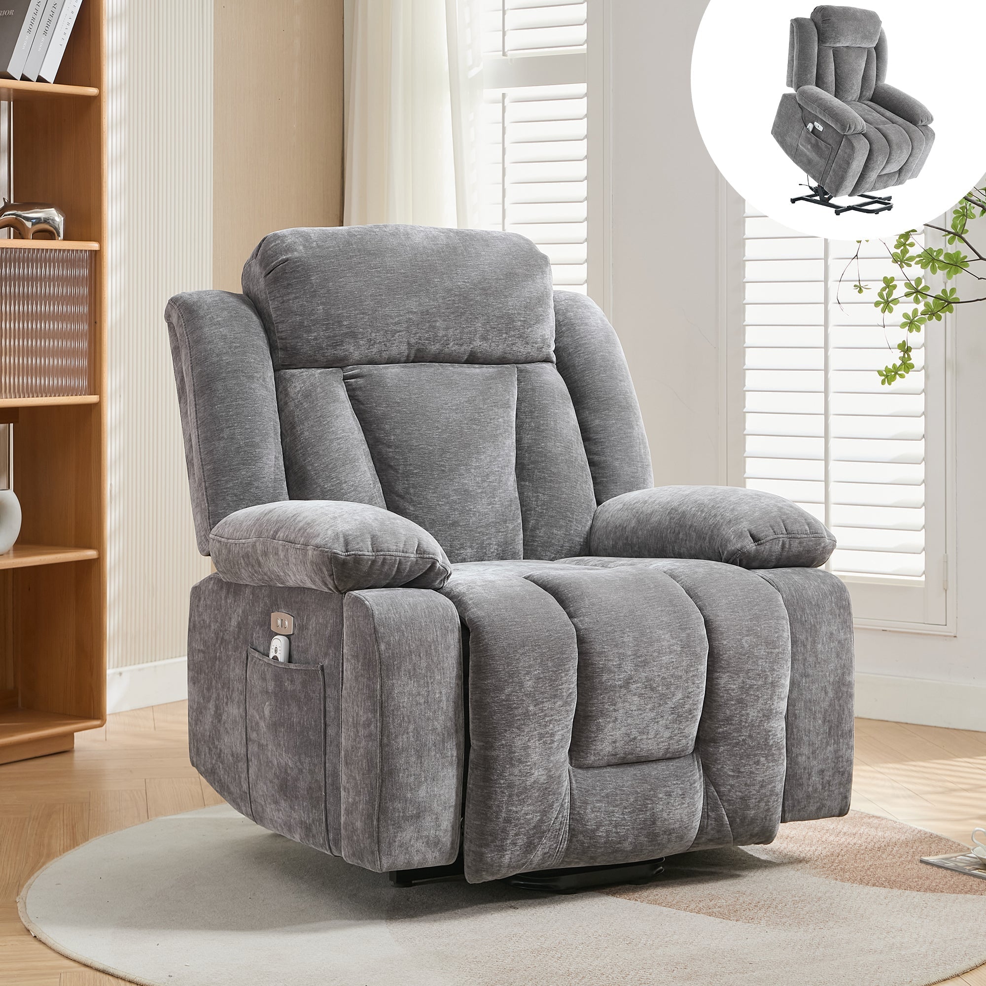 Electric Massage Chair with Lifting Function, Heating, and 8-Point Massage, Grey Fabric