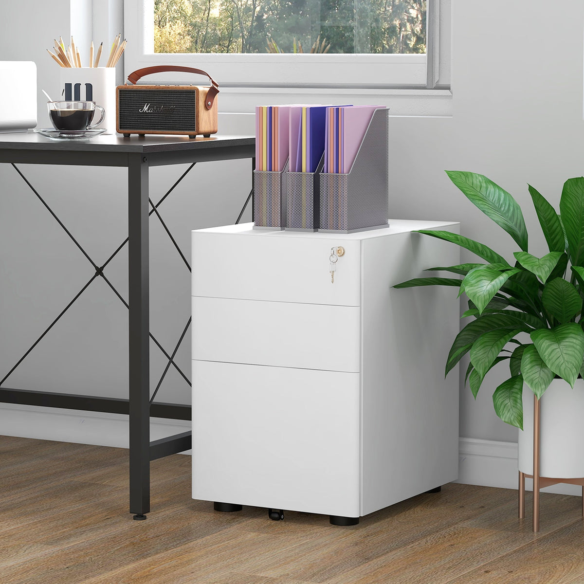 Mobile Filing Cabinet 3 Drawers Office Steel White 39x48x59cm