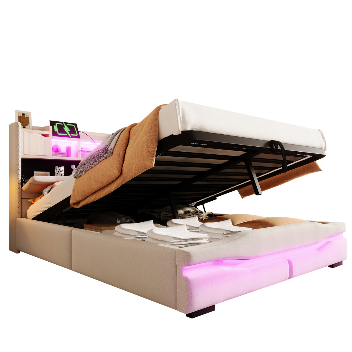 Upholstered Hydraulic Storage Bed 140x200cm LED Light, Beige