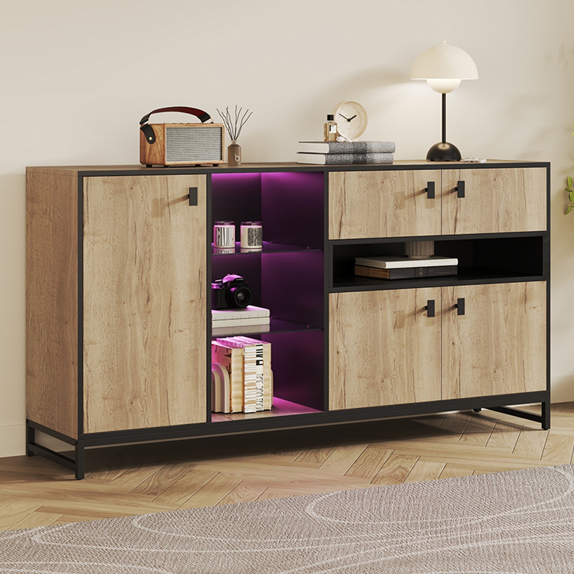 Modern Minimalist Storage Cabinet with Double Doors, Open Shelving and Glass Shelves, Wood and Metal