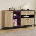 Modern Minimalist Storage Cabinet with Double Doors, Open Shelving and Glass Shelves, Wood and Metal